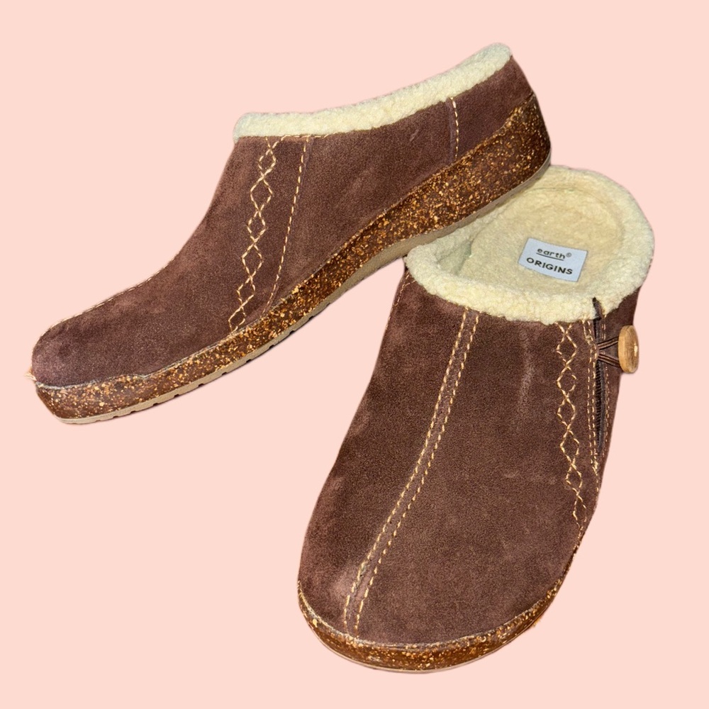 Earth Origins Suede Slip On Clogs with Faux Fur Trim Johanna Bark🤎
